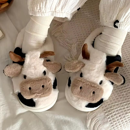 Women's Cute Cartoon Cow Slippers - Warm Plush Lined Closed-Toe Fuzzy Home Slides for Winter & Autumn