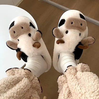 Women's Cute Cartoon Cow Slippers - Warm Plush Lined Closed-Toe Fuzzy Home Slides for Winter & Autumn