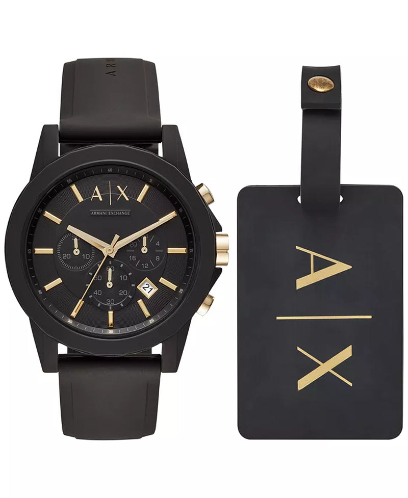 Men's 45mm Black Chronograph Watch Gift Set with Silicone Strap