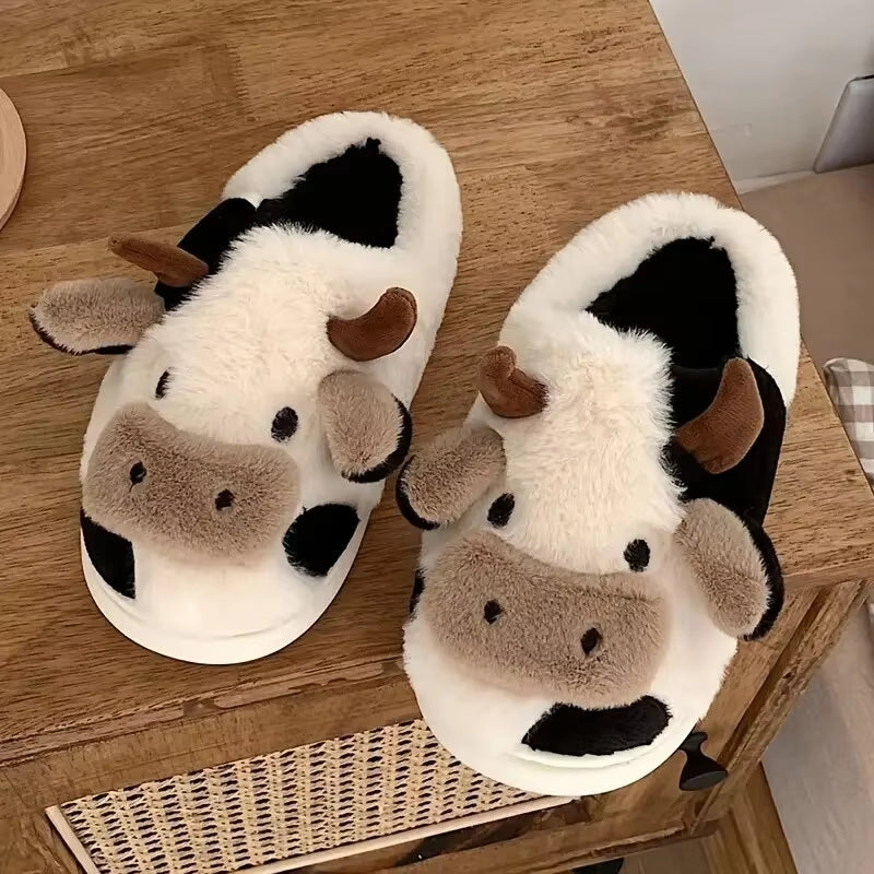 Women's Cute Cartoon Cow Slippers - Warm Plush Lined Closed-Toe Fuzzy Home Slides for Winter & Autumn