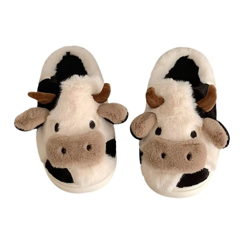 Women's Cute Cartoon Cow Slippers - Warm Plush Lined Closed-Toe Fuzzy Home Slides for Winter & Autumn