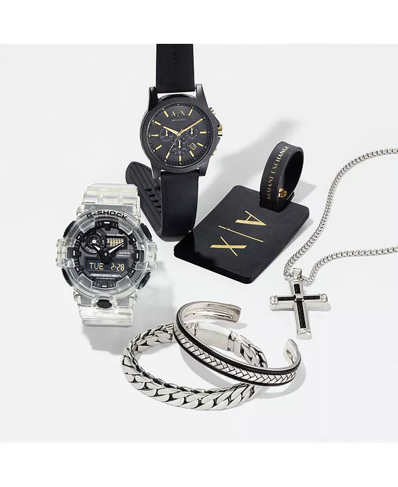 Men's 45mm Black Chronograph Watch Gift Set with Silicone Strap