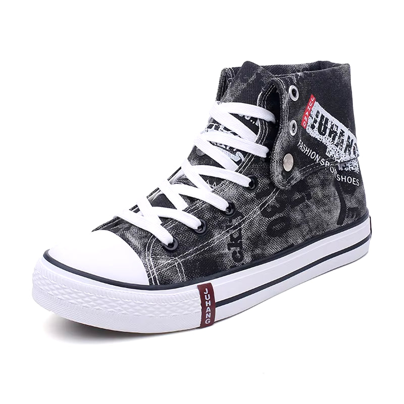 UrbanEdge Men's High-Top Canvas Sneakers - Pure Black & White Skateboarding Shoes