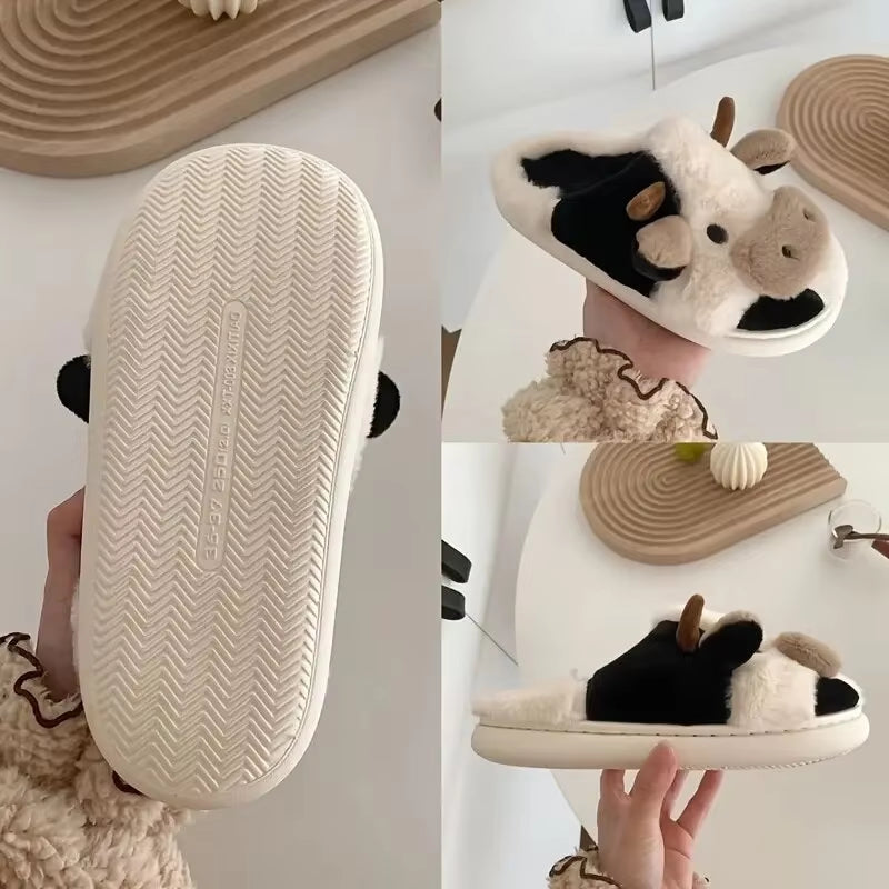 Women's Cute Cartoon Cow Slippers - Warm Plush Lined Closed-Toe Fuzzy Home Slides for Winter & Autumn