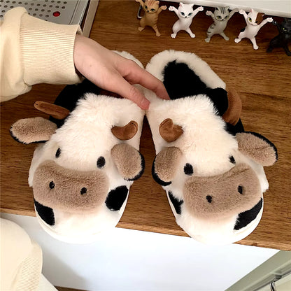 Women's Cute Cartoon Cow Slippers - Warm Plush Lined Closed-Toe Fuzzy Home Slides for Winter & Autumn