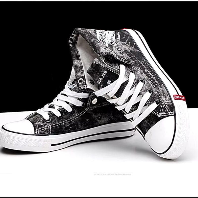 UrbanEdge Men's High-Top Canvas Sneakers - Pure Black & White Skateboarding Shoes