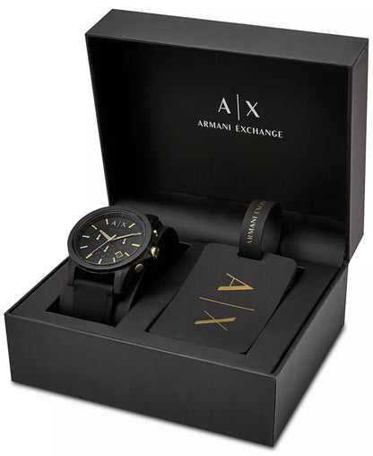 Men's 45mm Black Chronograph Watch Gift Set with Silicone Strap